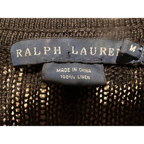 Vintage Ralph Lauren Blue Label Linen Cable Knit Polo Shirt M Black Collar Prepp - Picture 3 of 11